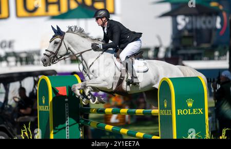 Calgary, Alberta, Canada, 5 settembre 2024. Daniel Coyle (IRE) in sella a Incredible, The Masters showjumping, - Cana Cup Foto Stock