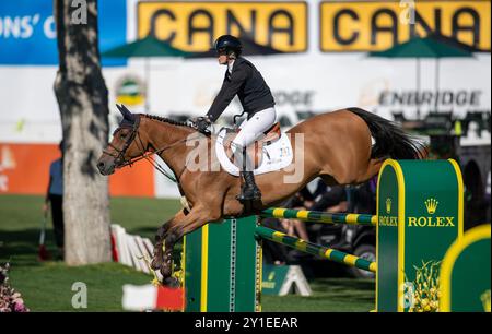 Calgary, Alberta, Canada, 5 settembre 2024. Jana Wargers (GER) in sella a Limbridge, The Masters showjumping, - Cana Cup Foto Stock