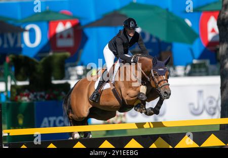 Calgary, Alberta, Canada, 5 settembre 2024. Jana Wargers (GER) in sella a Limbridge, The Masters showjumping, - Cana Cup Foto Stock