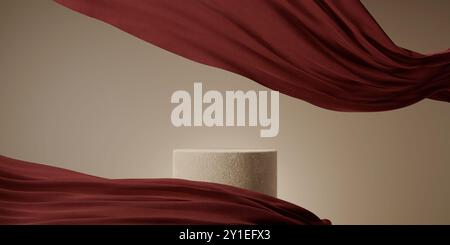Podio in pietra e tessuto satinato che galleggiano su sfondo beige. Modello di posizionamento di lusso con un panno di seta volante. Palcoscenico di alta moda e bellezza p Foto Stock
