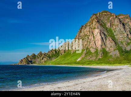 9 agosto 2024, Norvegia, Bleik: Paesaggio costiero sull'isola di Andöya nel nord della Norvegia, sopra le isole Lofoten, sul mare di Norvegia. Andöya è l'isola più settentrionale di Vesteralen, nel Fylke Nordland norvegese. Foto: Patrick Pleul/dpa Foto Stock