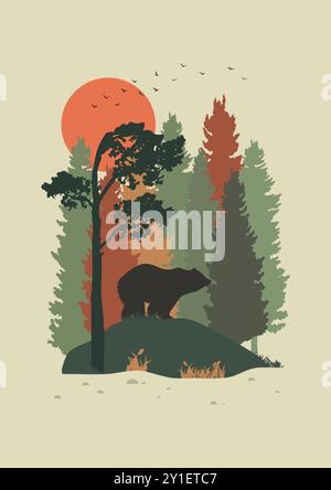 Animale selvatico nella foresta, illustrazione del Parco Nazionale. Giornata mondiale della fauna selvatica con orso in natura. Disegno 2d vettoriale piatto. Arte minimalista moderna della metà del secolo Illustrazione Vettoriale