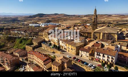 Veduta aerea di Briones, una piccola cittadina medievale con la sua maestosa chiesa dell'assunzione. Briones, la Rioja, Spagna. Foto Stock