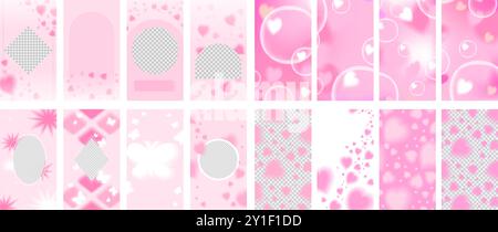 Set di storie di Subtle Pink. I cuori seguono lo sfondo trasparente, bolle sfocate aura. Illustrazione Vettoriale