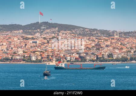 Una vista aerea del vibrante skyline di Istanbul, che mostra le navi che navigano nello stretto del Bosforo contro uno splendido paesaggio urbano. Foto Stock