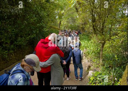 Una lunga fila di visitatori attende pazientemente per entrare nel famoso pozzo iniziatico della Quinta da Regaleira Foto Stock