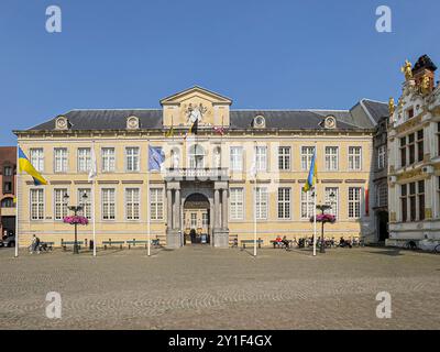 Bruges, Fiandre, Belgio - 25 giugno 2024: Ex maniero della facciata storica di Brugse Vrije su piazza Burg, ora utilizzata dall'amministrazione comunale Foto Stock