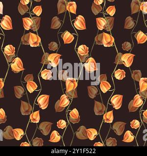 Autunno arancio physalis bacche su rami secchi, senza foglie fiori secchi. Illustrazione disegnata a mano in acquerello. Motivo senza cuciture su sfondo scuro. Foto Stock