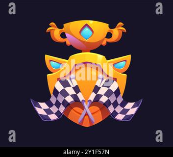 Trofeo da corsa d'oro, distintivo del rango da corsa per auto e motori con gemme e bandiere a scacchi. Premio vettoriale, traguardo, premio negli sport automobilistici, che rappresenta la vittoria, eccellenza nelle competizioni automobilistiche Illustrazione Vettoriale