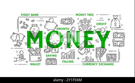 Icone di denaro e linee finanziarie di contanti, banche e pagamenti, pittogrammi vettoriali. Banconote in dollari, banconote e monete, cambio valuta e crisi economica con salvadanaio e albero della moneta Illustrazione Vettoriale