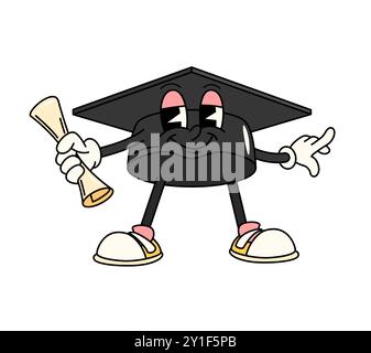 Personaggio cartoni animati studente della scuola che detiene un diploma mentre sorride con fiducia. Cappello da laurea divertente e divertente, personaggio educativo di successi e celebrazioni accademiche Illustrazione Vettoriale