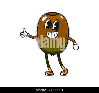 Personaggio dei cartoni animati kiwi Growi Fruit. Personaggio isolato maturo di frutta tropicale dolce e matura indossando scarpe da ginnastica e guanti retrò, sorridendo allegramente e mostrando un gesto con il pollice in su con divertenti vibrazioni stravaganti Illustrazione Vettoriale