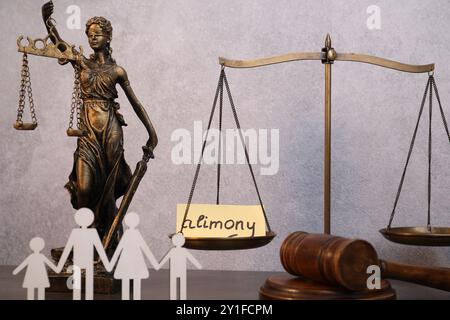 Carta con la parola Alimony, martelletto di legno, bilance, figure di famiglia e statua di Lady Justice sul tavolo Foto Stock