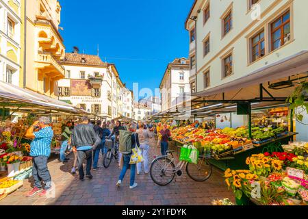 Il mercato giornaliero che vende frutta fresca, prodotti, prodotti da forno e molto altro vicino a Piazza delle Erbe nel centro storico di Bolzano. Foto Stock