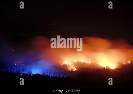 Wernigerode, Germania. 6 settembre 2024. Vista di fiamme e braci sul Königsberg nelle montagne Harz sotto il Brocken. Secondo un portavoce del distretto di Harz, molte aree di fuoco si erano fuse e si era sviluppato un fronte antincendio più grande. Circa 150 vigili del fuoco stanno ora lavorando a terra. Tre aerei e un elicottero sono stati anche coinvolti nel lavoro antincendio. Crediti: Matthias Bein/dpa/Alamy Live News Foto Stock