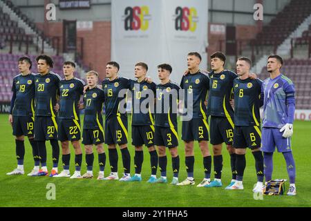 La Scozia si schiera prima della partita di qualificazione al Campionato europeo di calcio U21 al Tynecastle Park di Edimburgo. Data foto: Venerdì 6 settembre 2024. Foto Stock