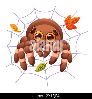 Graziosa illustrazione vettoriale con un ragno sorridente su una ragnatela con foglie autunnali. Perfetto per i disegni di Halloween Illustrazione Vettoriale