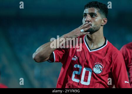 Cairo, Egitto. 6 settembre 2024. Egitto. Cairo - 6 settembre 2024 - l'Egitto Ibrahim Adel festeggia dopo aver segnato un gol durante la partita di qualificazione alla Coppa delle Nazioni Africane tra Egitto e Capo Verde allo stadio internazionale del Cairo al Cairo, Egitto.06/09/2024. Foto Mohammad Bayoumy per immagini di calcio. Crediti: Sebo47/Alamy Live News Foto Stock