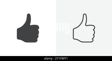 Icona thumbs Up Flat Outline Collection su sfondo bianco e nero Illustrazione Vettoriale