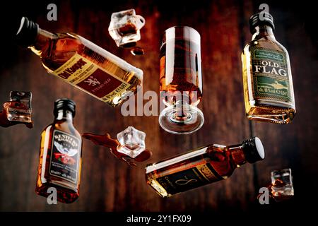 Quattro bottiglie di whisky e un bicchiere con whisky versato e ghiaccio fuso su fondo di legno Foto Stock