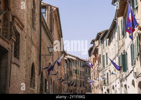 Siena è stata una delle città più importanti dell'Europa medievale e il suo centro storico è un sito patrimonio dell'umanità dell'UNESCO. Piazza del campo nel Palio Foto Stock