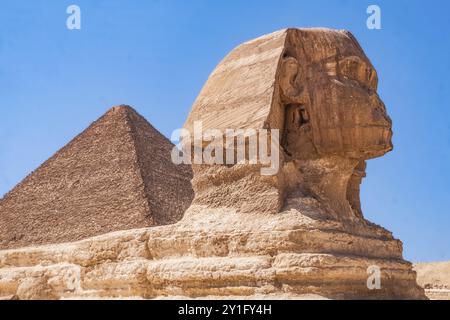 Rimarrai incantato dall'iconica Sfinge, l'enigmatico custode degli antichi segreti dell'Egitto. Questa fotografia cattura la maestosità e il misticismo di questo tempo Foto Stock