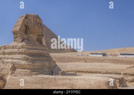 Rimarrai incantato dall'iconica Sfinge, l'enigmatico custode degli antichi segreti dell'Egitto. Questa fotografia cattura la maestosità e il misticismo di questo tempo Foto Stock