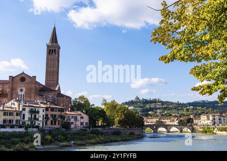 Vista sul centro storico di Verona, Ponte pietra sull'Adige, Cattedrale di Verona, Duomo di Verona, tetti in tegole rosse, Regione Veneto, Ital Foto Stock