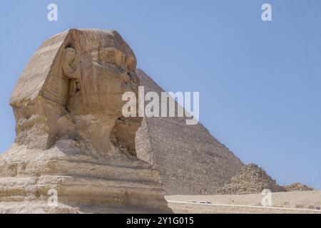 Rimarrai incantato dall'iconica Sfinge, l'enigmatico custode degli antichi segreti dell'Egitto. Questa fotografia cattura la maestosità e il misticismo di questo tempo Foto Stock