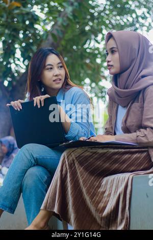 Un paio di donne asiatiche discutono apertamente di un lavoro serio che porta laptop, libri e appunti nel parco del campus. studentesse per l'istruzione, promo Foto Stock