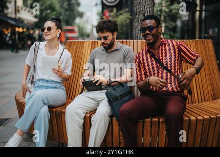 Tre uomini d'affari seduti su una panchina all'aperto, che discutono e condividono idee, che si godono un momento informale Foto Stock