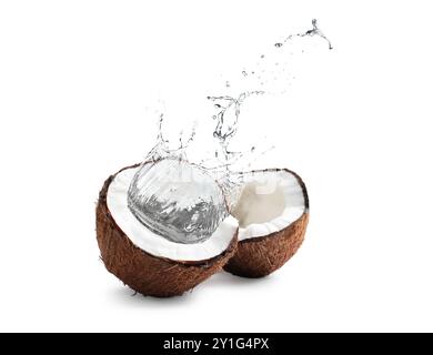 Acqua fresca di cocco che spruzza sul dado su sfondo bianco Foto Stock