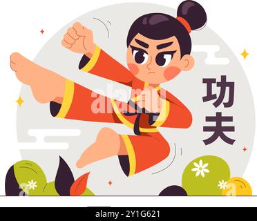 Traduzione cinese: Kung fu con persone che dimostrano le arti marziali cinesi in un'illustrazione vettoriale di sfondo a cartoni animati in stile piatto Illustrazione Vettoriale