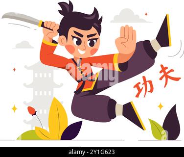 Traduzione cinese: Kung fu con persone che dimostrano le arti marziali cinesi in un'illustrazione vettoriale di sfondo a cartoni animati in stile piatto Illustrazione Vettoriale