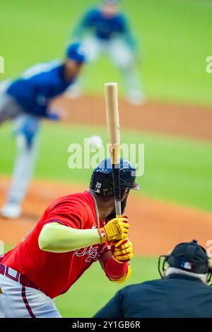 Atlanta, GA, Stati Uniti. 6 settembre 2024. Gli Atlanta Braves designarono il battitore Marcell Ozuna (20) contro i Toronto Blue Jays in una partita interlega al Truist Park di Atlanta, Georgia. Atlanta vince la partita, 3-1. (Credit Image: © Walter G. Arce Sr./ASP via ZUMA Press Wire) SOLO PER USO EDITORIALE! Non per USO commerciale! Crediti: ZUMA Press, Inc./Alamy Live News Foto Stock