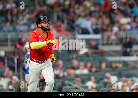 Atlanta, GA, Stati Uniti. 6 settembre 2024. Gli Atlanta Braves designarono il battitore Marcell Ozuna (20) contro i Toronto Blue Jays in una partita interlega al Truist Park di Atlanta, Georgia. Atlanta vince la partita, 3-1. (Credit Image: © Walter G. Arce Sr./ASP via ZUMA Press Wire) SOLO PER USO EDITORIALE! Non per USO commerciale! Crediti: ZUMA Press, Inc./Alamy Live News Foto Stock