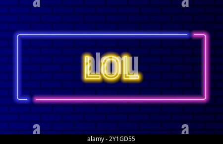 Simbolo al neon lol nella cornice a bolle d'aria sul vettore di sfondo della parete di mattoni. Banner luminoso sullo sfondo della parete. LOL Button ridendo ad alta voce, modello di design Illustrazione Vettoriale