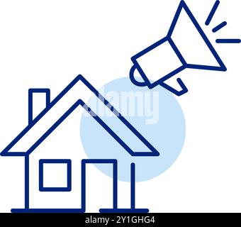 Casa e megafono. Annuncio immobiliare in vendita. Pixel Perfect, icona del vettore di traccia modificabile Illustrazione Vettoriale