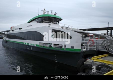 Stavanger, Norvegia - 5 agosto 2024 traghetto elettrico della compagnia Kolumbus. La nave Medstraum era nave dell'anno 2022. Riduce le emissioni in Foto Stock