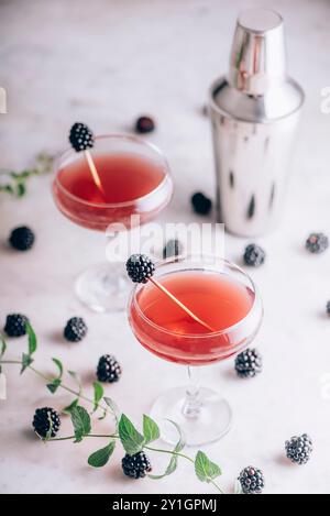 Gin cocktail BlackBerry in vetro martini con frutta su un lussuoso tavolo in marmo. Bevande alcoliche per cene di classe. Foto Stock