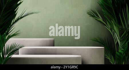 Podio di prodotti in pietra con foglie di palma tropicale su sfondo verde della parete. Visualizzazione del modello di mockup botanico. Estetica asiatica neutrale. Foto Stock