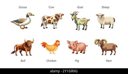 Serie di animali d’allevamento, tra cui oca, vacca, capra, pecora, toro, pollo, maiale e ariete isolati su sfondo bianco. Concetto di bestiame, vita agricola, cu Illustrazione Vettoriale