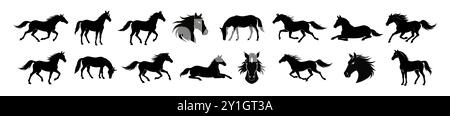 Sagome nere di cavalli in varie pose isolate su sfondo bianco. Concetto di illustrazioni equine, Mustang selvaggi, icone equestri, Farm Anim Illustrazione Vettoriale