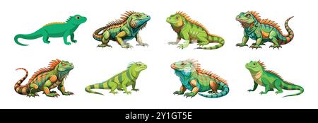 Set colorato di iguane a fumetti isolate su sfondo bianco. Concetto di illustrazioni di rettili, simpatici personaggi di iguana, lucertole vivaci, natura-loro Illustrazione Vettoriale