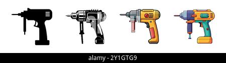 Raccolta di vari trapani in diversi stili e colori. Illustrazioni colorate e silhouette nere. Concetto di utensili da costruzione, attrezzature manuali Illustrazione Vettoriale
