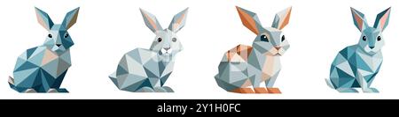 Serie di conigli poligonali astratti. Conigli poligonali geometrici lineari. Coniglio carino in basso stile triangolare. Illustrazione vettoriale. Illustrazione Vettoriale