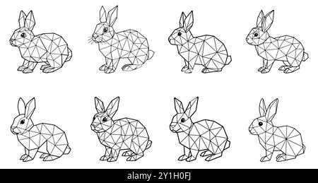 Serie di conigli poligonali astratti. Conigli poligonali geometrici lineari. Coniglio carino in basso stile triangolare. Illustrazione vettoriale. Illustrazione Vettoriale