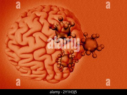 Illustrazione di un cervello umano con particelle di virus. Foto Stock