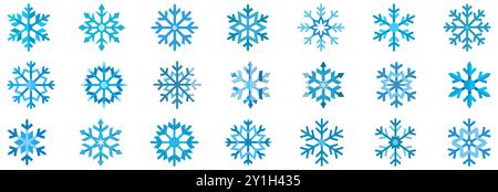 Icona del fiocco di neve. Serie di icone con fiocchi di neve diversi. Decorazioni natalizie. Fiocchi di neve blu. Sagoma per fiocchi di neve. Illustrazione vettoriale. Illustrazione Vettoriale