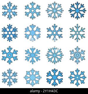 Icona del fiocco di neve. Serie di icone con fiocchi di neve diversi. Decorazioni natalizie. Fiocchi di neve blu. Sagoma per fiocchi di neve. Illustrazione vettoriale. Illustrazione Vettoriale